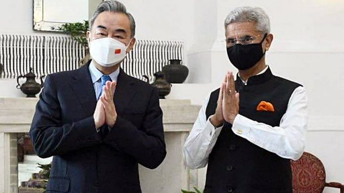 External Affairs Minister S. Jaishankar with Chinese Foreign Minister Wang Yi at Hyderabad House on 25 March | ANI