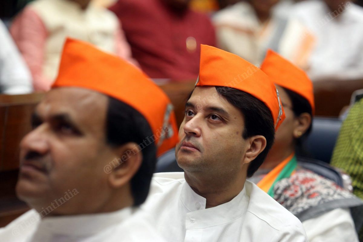 Union Aviation Minister Jyotiraditya Scindia listens to a speech at the BJP's 42nd Foundation Day event at Parliament Annexe | Photo: Praveen Jain | ThePrint
