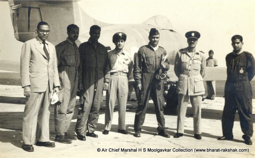 Left to Rright: Unidentified Indian Official, Sqn Ldr Suranjan Das, Sqn Ldr Roshan Suri, REAF Officer, Gp Capt H S Moolgavkar, REAF Officer, Flt Lt P V S Ram – Ferry of the first Toofani aircraft in the IAF on October 1953.