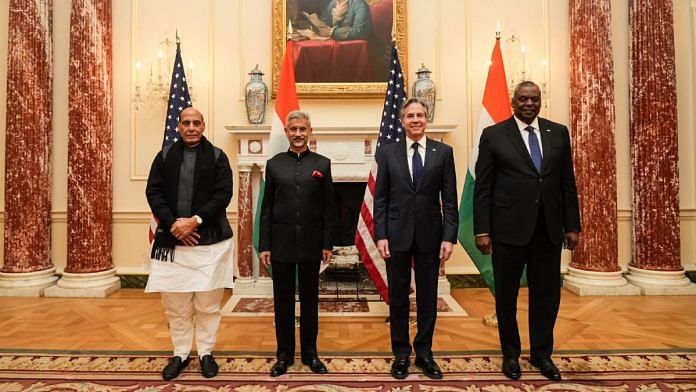 External Affairs Minister S. Jaishankar, Defence Minister Rajnath Singh, US Secretary of State Antony J. Blinken and US Defence Secretary Lloyd Austin at the 2+2 meet in Washington Monday | Twitter | @DrSJaishankar