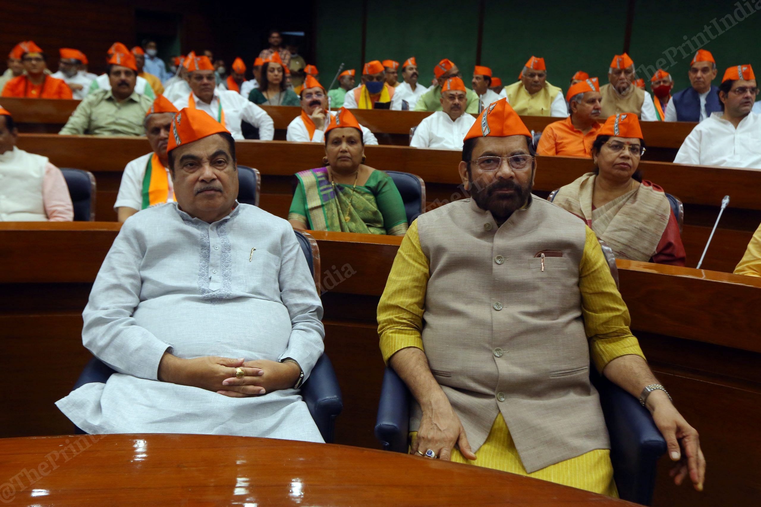 Cabinet Ministers Nitin Gadkari and Mukhtar Abbas Naqvi at the BJP's 42nd Foundation Day event at Parliament Annexe | Photo: Praveen Jain | ThePrint