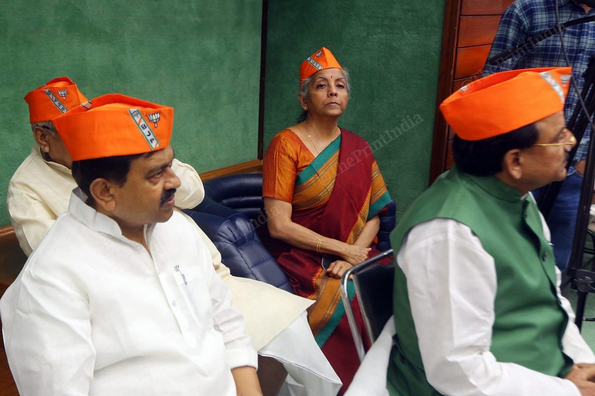 Union Finance Minister Nirmala Sitharaman sits in a corner at the BJP's 42nd Foundation Day event at Parliament Annexe | Photo: Praveen Jain | ThePrint