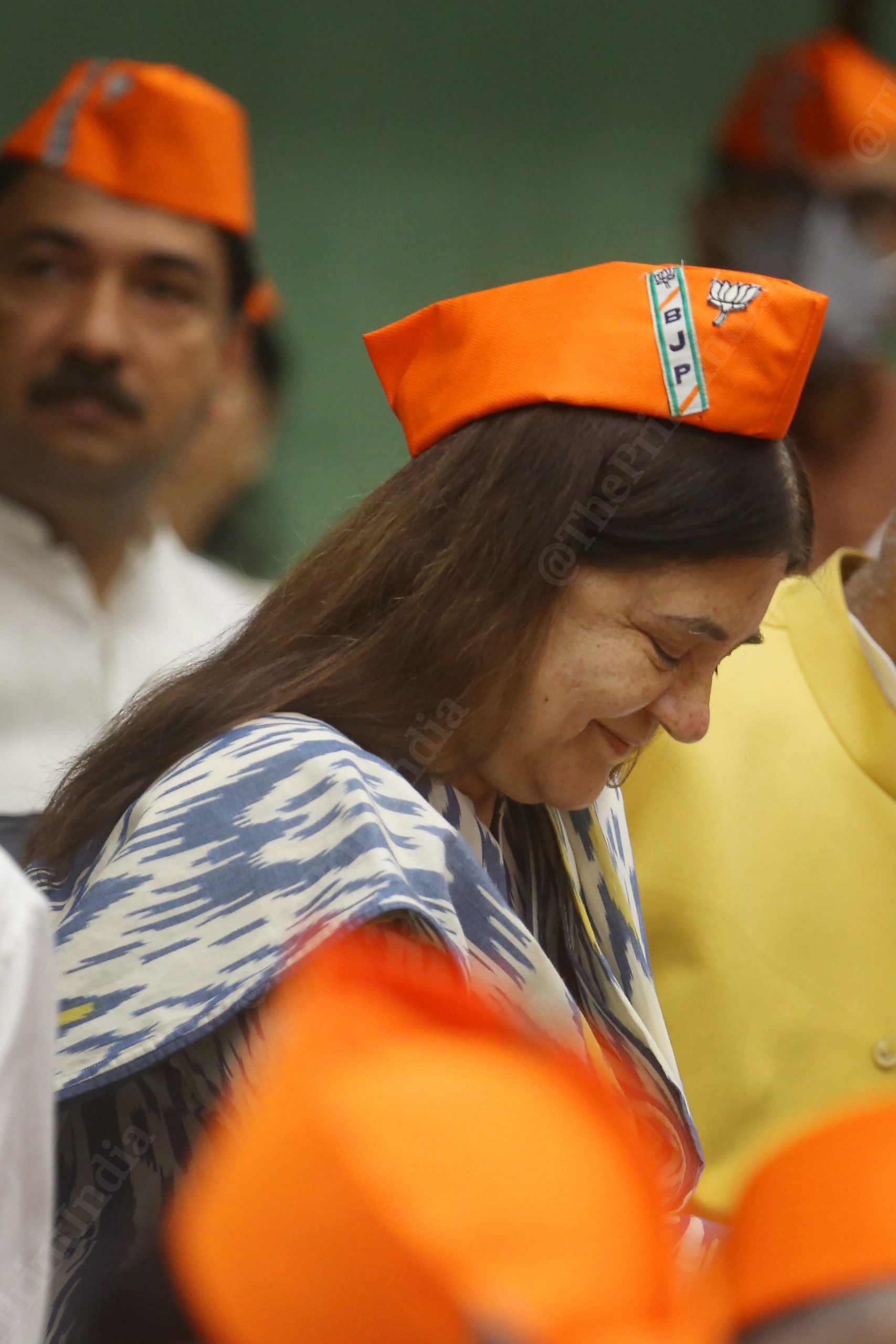 MP Maneka Gandhi reacts to something as she attends the BJP's 42nd Foundation Day event at Parliament Annexe | Photo: Praveen Jain | ThePrint