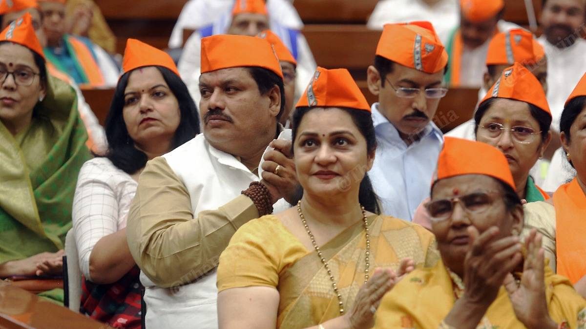 BJP leaders attend Foundation Day event wearing the party's new caps | Photo: Parveen Jain