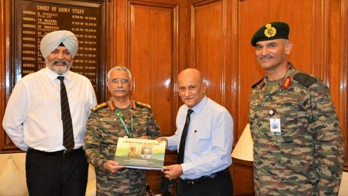 Army chief General M.M. Naravane is presented a coffee table book on 4 Rajputana Rifles Friday, by Brig T. Mukherjee (Retd), Lt Gen. K.J.S. Dhillon (Retd) & Lt Gen. C.P. Cariappa | Twitter | @adgpi