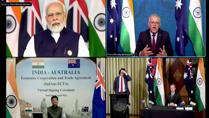 Prime Minister Narendra Modi and Australian Prime Minister Scott Morrison during the virtual signing ceremony of the India-Australia Economic Cooperation and Trade Agreement, in New Delhi Saturday | ANI