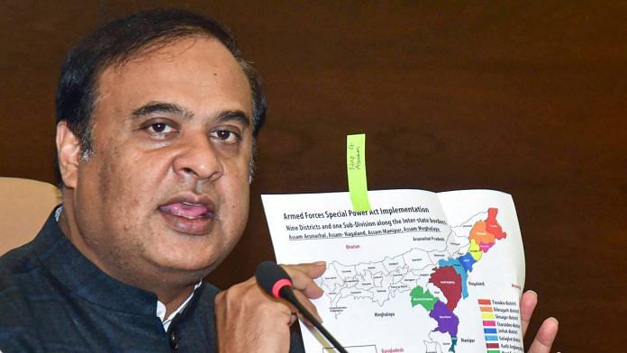 File photo of Assam Chief Minister Himanta Biswa Sarma addresses a press conference over the withdeawal of Armed Forces Special Powers Act (AFSPA) from some areas of the state at the Assam Secretariat in Guwahati. | Photo: PTI