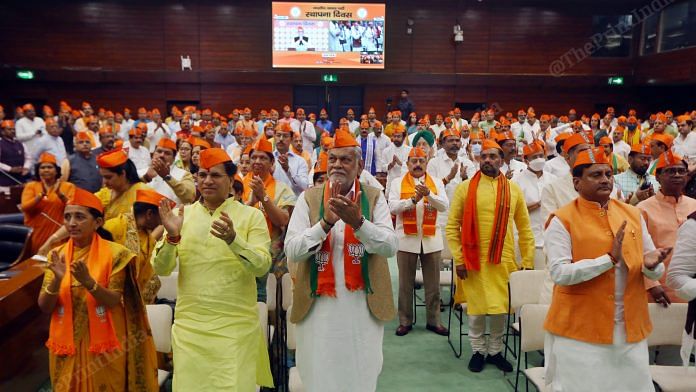 File photo of BJP MPs listening to PM Narendra Modi’s virtual address on party’s 42nd Foundation Day at Parliament Annexe | Praveen Jain | ThePrint