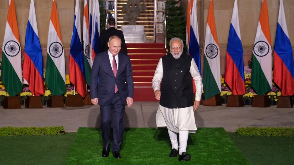 Prime Minister Narendra Modi with Russian President Russia's president at Hyderabad House in New Delhi | Bloomberg file photo