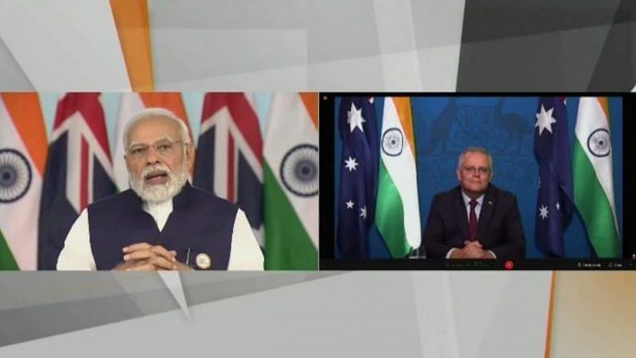 Prime Minister Modi addresses the virtual ceremony of the India-Australia Economic Cooperation and Trade Agreement on 2 April 2022 | Twitter/@PiyushGoyal