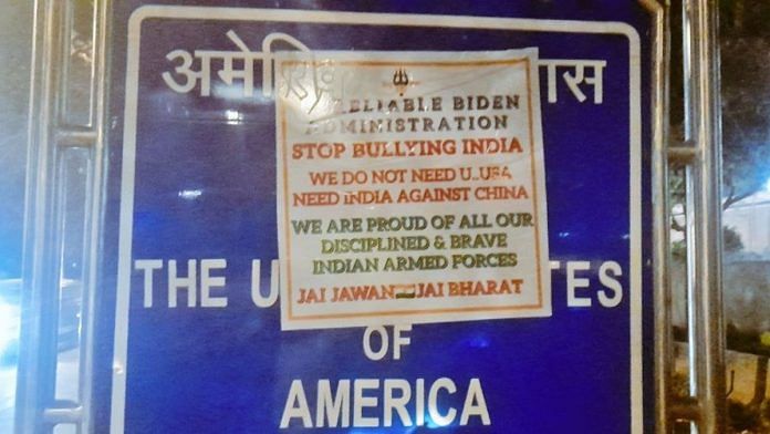 The poster defacing the US embassy signboard in New Delhi | Photo: Twitter/@HinduSenaOrg
