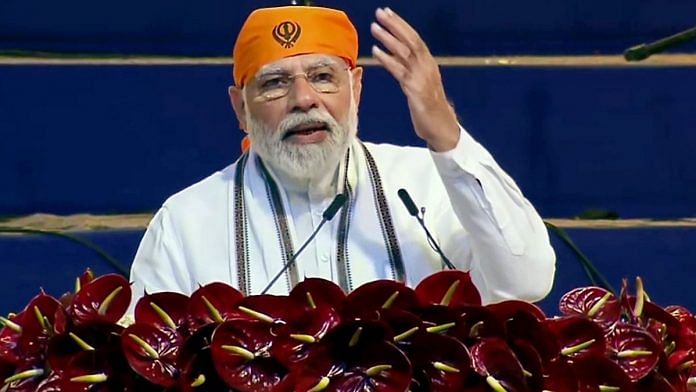 Prime Minister Narendra Modi addressing at the 400th Parkash Purab celebrations of Sri Guru Teg Bahadur, at Red Fort in Delhi on 21 April 2022 | Photo: ANI