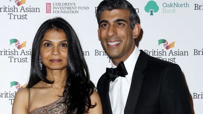 File photo of Chancellor of British Foreign Minister Rishi Sunak and wife Akshata Murthy | Representational image | Photo: Tristan Fewings/Getty Images via Bloomberg