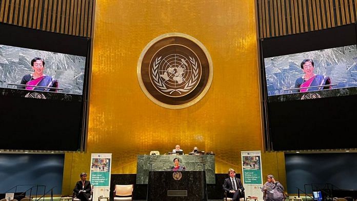 AAP leader Atishi addressing the United Nations General Assembly | Twitter/@GlobalTaskforce
