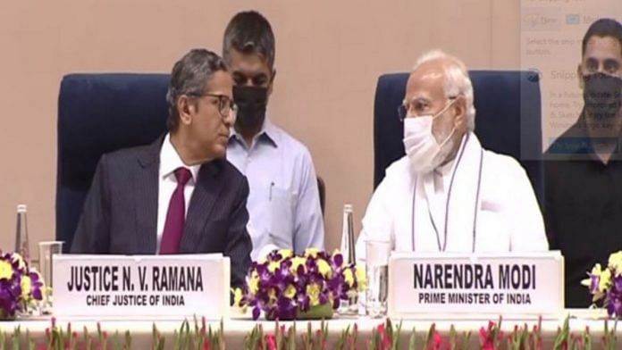 PM Narendra Modi with CJI Ramana at the joint conference of CMs and Chief Justices of High Courts, on 30 April 2022 | ANI