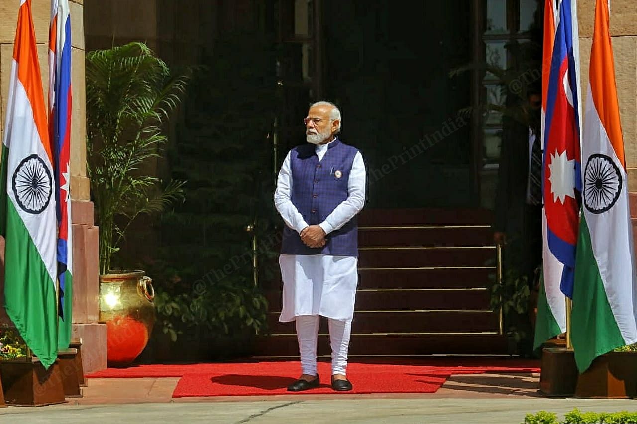 Prime Minister Narendra Modi waits for Nepal PM Sher Bahadur Deuba at Hyderabad House | Photo: Praveen Jain | ThePrint