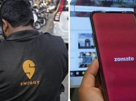 A Swiggy rider and the Zomato app on a phone | Photos: Bloomberg and Manisha Mondal | ThePrint