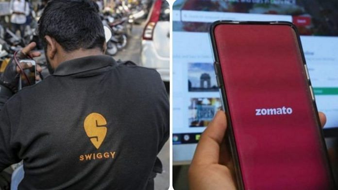 A Swiggy rider and the Zomato app on a phone | Photos: Bloomberg and Manisha Mondal | ThePrint