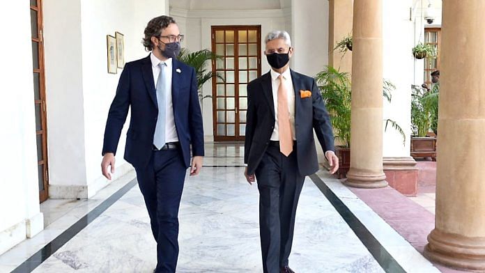 External Affairs Minister S Jaishankar and Argentine Foreign Minister Santiago Cafiero in New Delhi Sunday | ANI/@DrSJaishankar