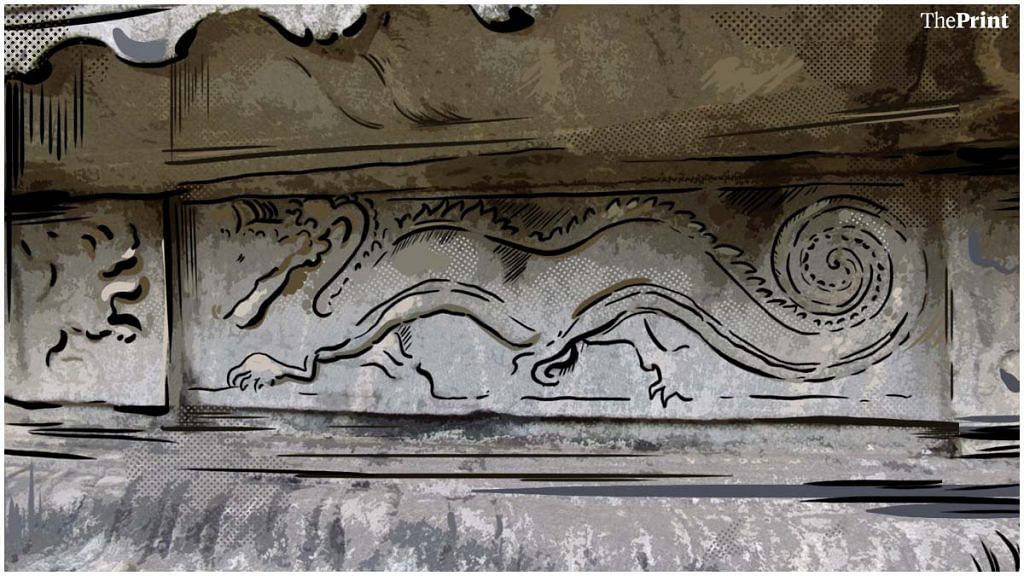 Dragon sculpture at the 1000-pillar temple in Moodbidri, Karnataka | Illustration by Prajna Ghosh | ThePrint