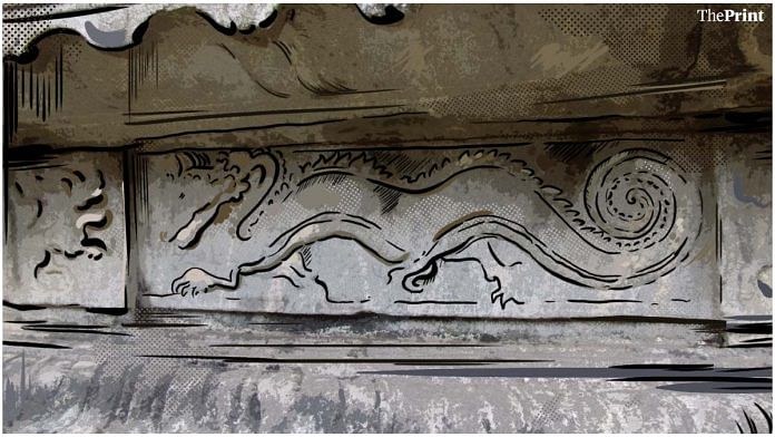 Dragon sculpture at the 1000-pillar temple in Moodbidri, Karnataka | Illustration by Prajna Ghosh | ThePrint