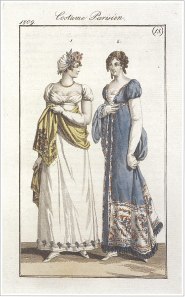 An 1809 fashion plate showing woman dressed in Cashmere gown | Josephine and the Arts of the Empire/Wikimedia Commons