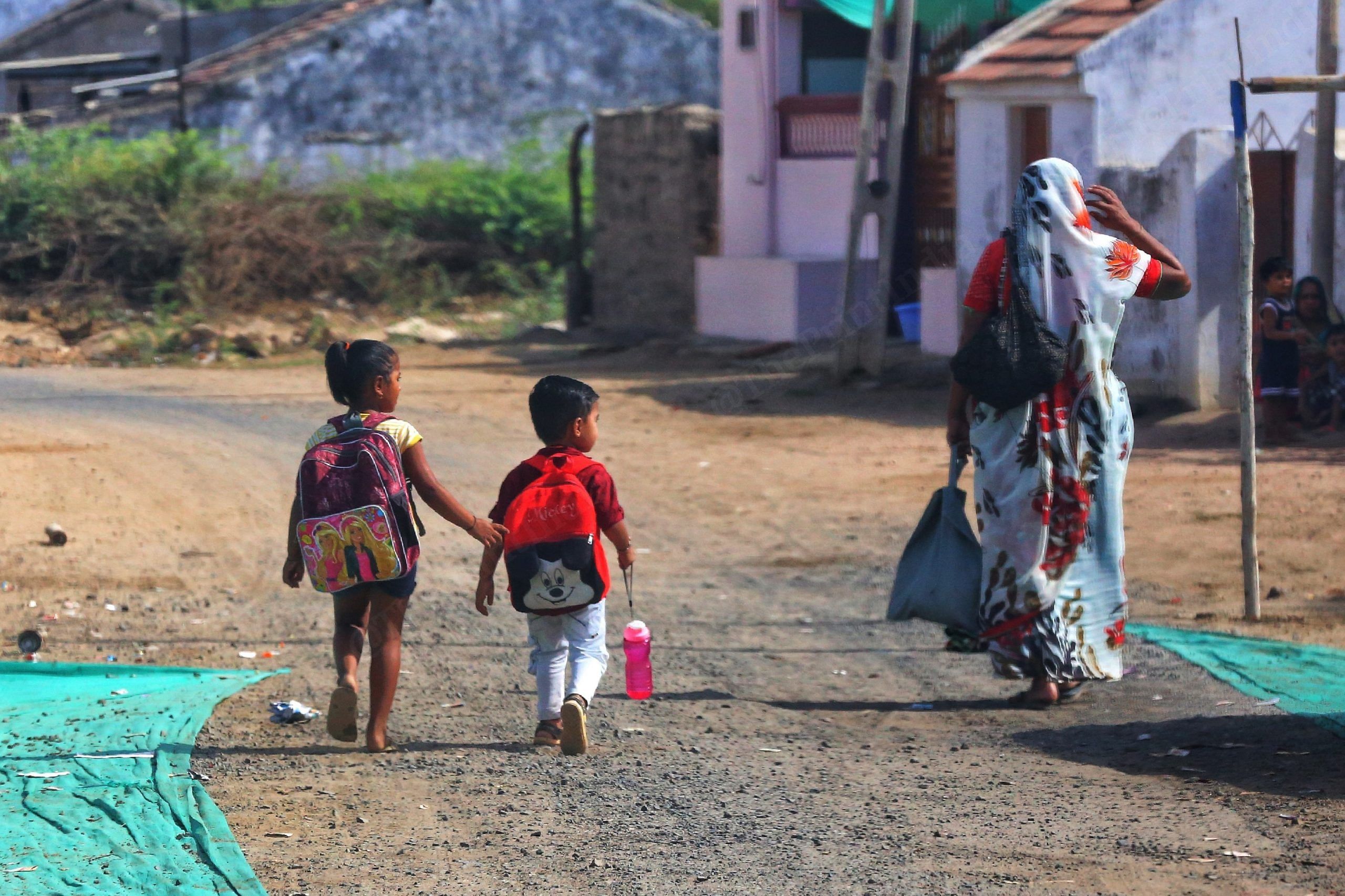 In Kachchh, two children walk to school with their mother | Photo: Manisha Mondal | ThePrint