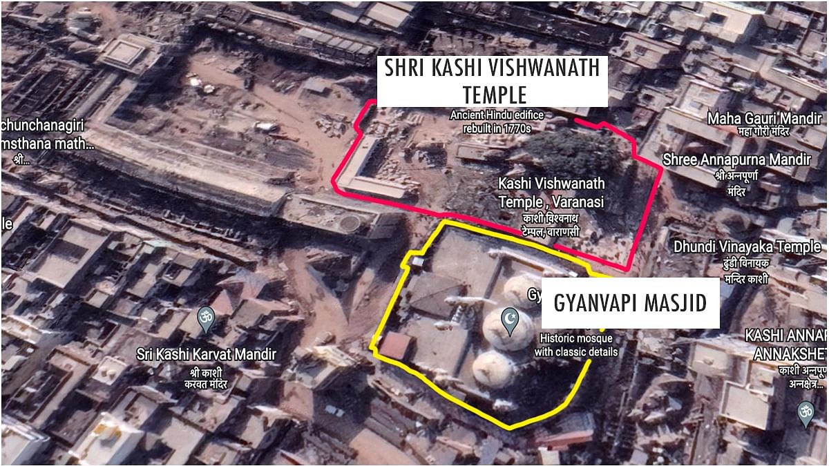 A Google Earth image of the Kashi Vishwanath Temple and Gyanvapi Mosque