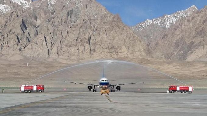 An airplane lands at Taxkorgan Airport in China's Xinjiang