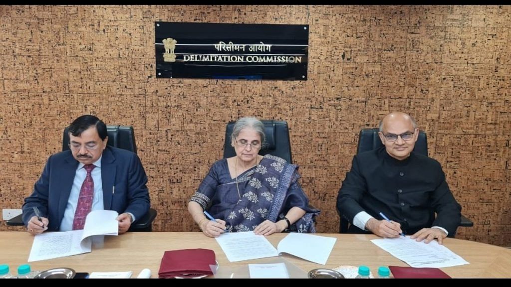 Delimitation Commission for J&K — (L-R) CEC Sushil Chandra, Justice Ranjana Prakash Desai (Retd), and State Election Commissioner K.K. Sharma | Twitter | @SpokespersonECI