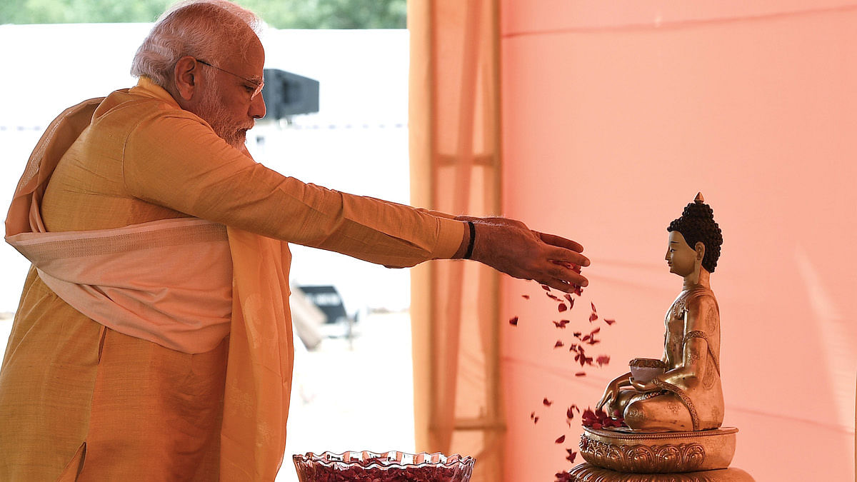 PM Modi at the Shilanyaas ceremony for construction of the India International Centre for Buddhist Culture and Heritage at Lumbini Monastic Zone, in Lumbini, Nepal on May 16, 2022 | PIB