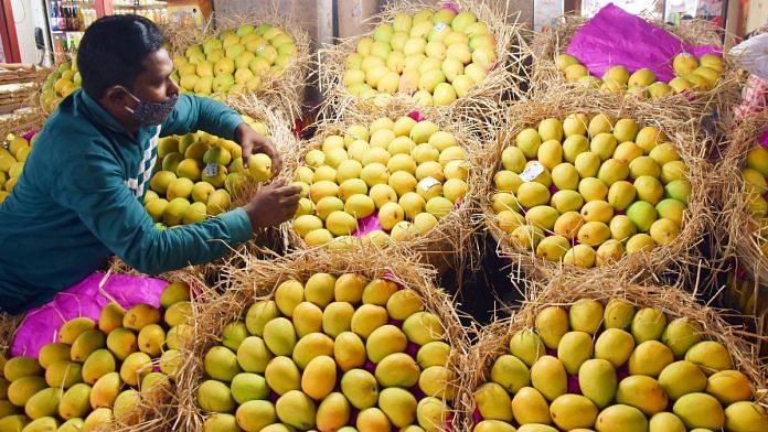 File photo of a man selling Alphonso mangoes at a shop in Mumbai's Crawford Market | ANI