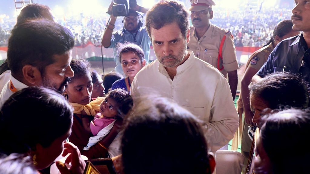 Congress leader Rahul Gandhi at the ‘Rythu Sangarshana Sabha’ in Warangal Friday | ANI