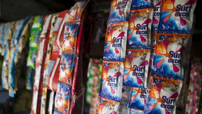 Sachets of Surf excel detergent are displayed at a store | Photo: Prashanth Vishwanathan | Bloomberg File