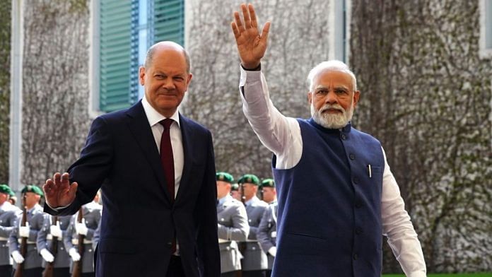 German Chancellor Olaf Scholz and PM Narendra Modi seen at the Federal Chancellery in Berlin, Germany, on 2 May 2022 | Photo by Clemens Bilan - Pool/Getty Images via Bloomberg