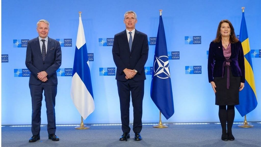 File image of NATO Secretary-General Jens Stoltenberg with Finnish Foreign Minister Pekka Haavisto and Swedish Foreign Minister Ann Linde | Twitter/@AnnLinde