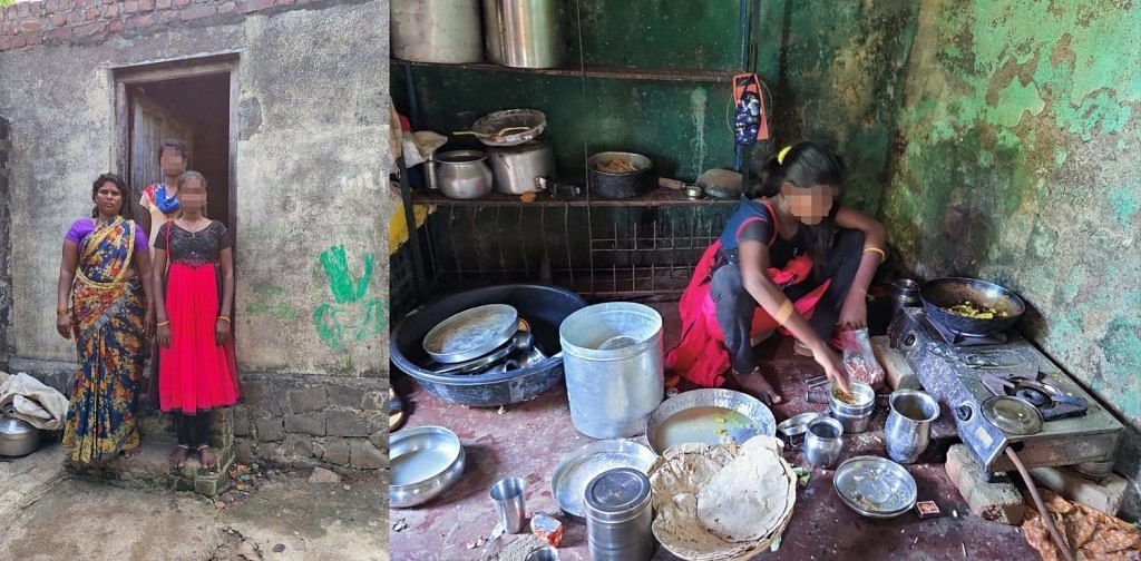 Left: Lata with her children, Nikita and Rohini. Right: Nikita working in the kitchen. She says, “I want to study, but I can’t now" | Jyoti Shinoli/People's Archive of Rural India