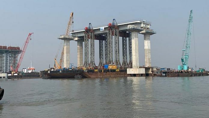 The orthrotropic steel deck that is part of the under-construction Sewri-Nhava Sheva Mumbai Trans Harbour Link, in Mumbai | By special arrangement