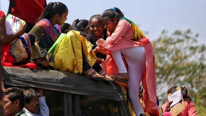 Students in Mahisagar district travel in a crowded private vehicle | Photo: Manisha Mondal | ThePrint