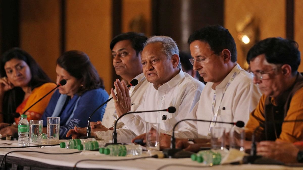 Rajasthan Chief Minister Ashok Gehlot and other senior Congress leaders address the media in Udaipur Thursday | Suraj Singh Bisht | ThePrint