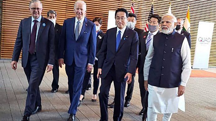 Prime Minister Narendra Modi with Japan's Prime Minister Fumio Kishida, Australia's Prime Minister Anthony Albanese and US President Joe Biden at the Quad Summit, in Tokyo, Tuesday | ANI