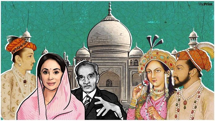 (From left) Raja Jai Singh I, BJP MP Diya Kumari, historical revisionist P.N. Oak, Mumtaz Mahal & Shah Jahan | Illustration: Manisha Yadav | ThePrint
