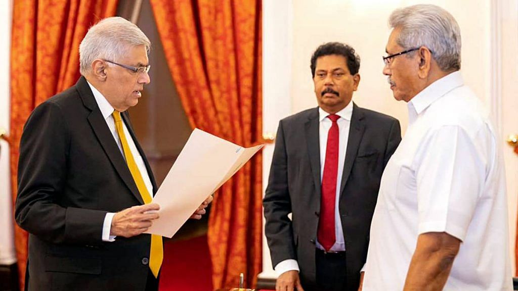 United National Party leader Ranil Wickremesinghe is sworn in as prime minister of Sri Lanka, in Colombo on 12 May | Photo: ANI