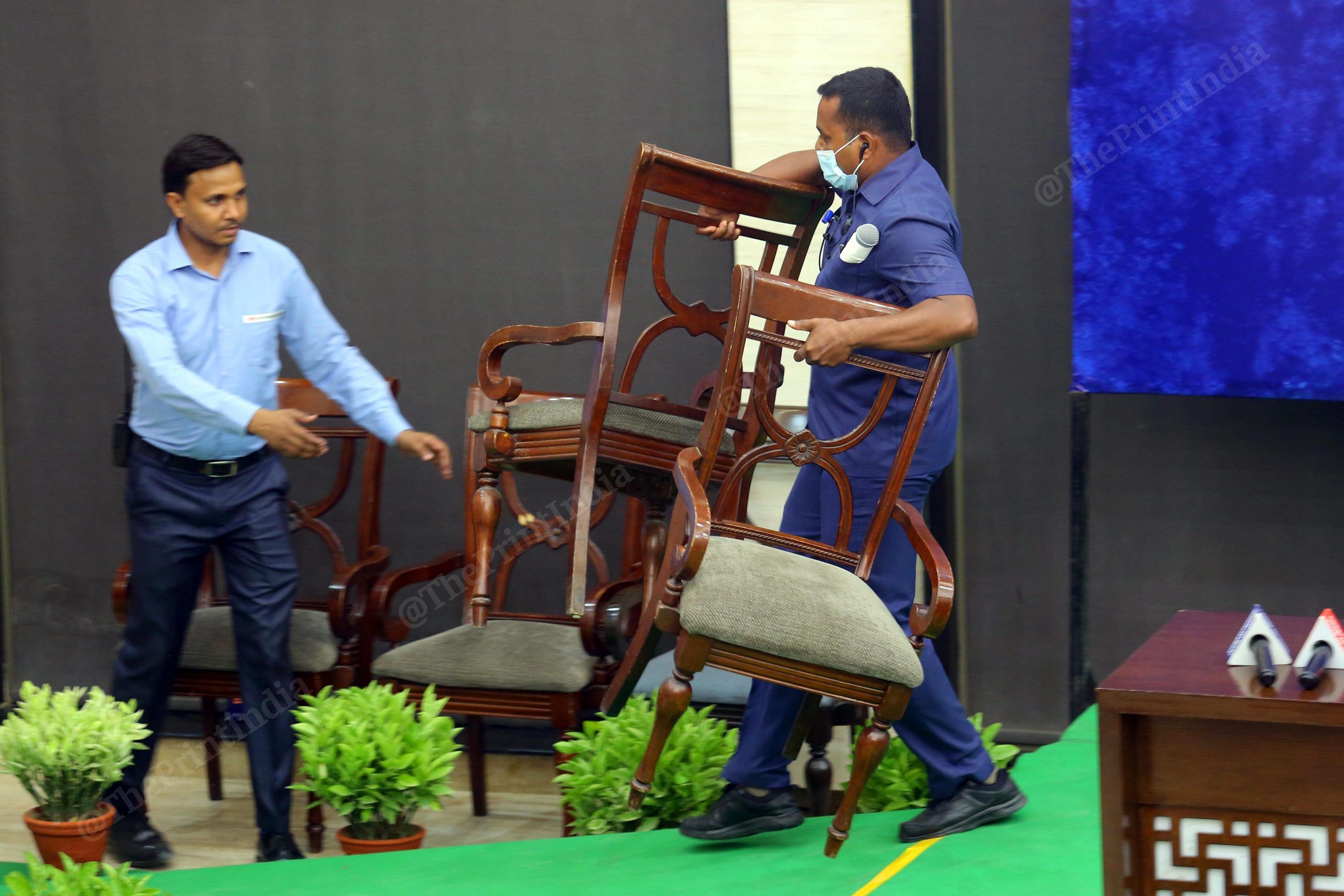 Till the last minute the number of chairs on the dais kept changing, probably because of a confusion over who all will address the media | Photo: Praveen Jain | ThePrint