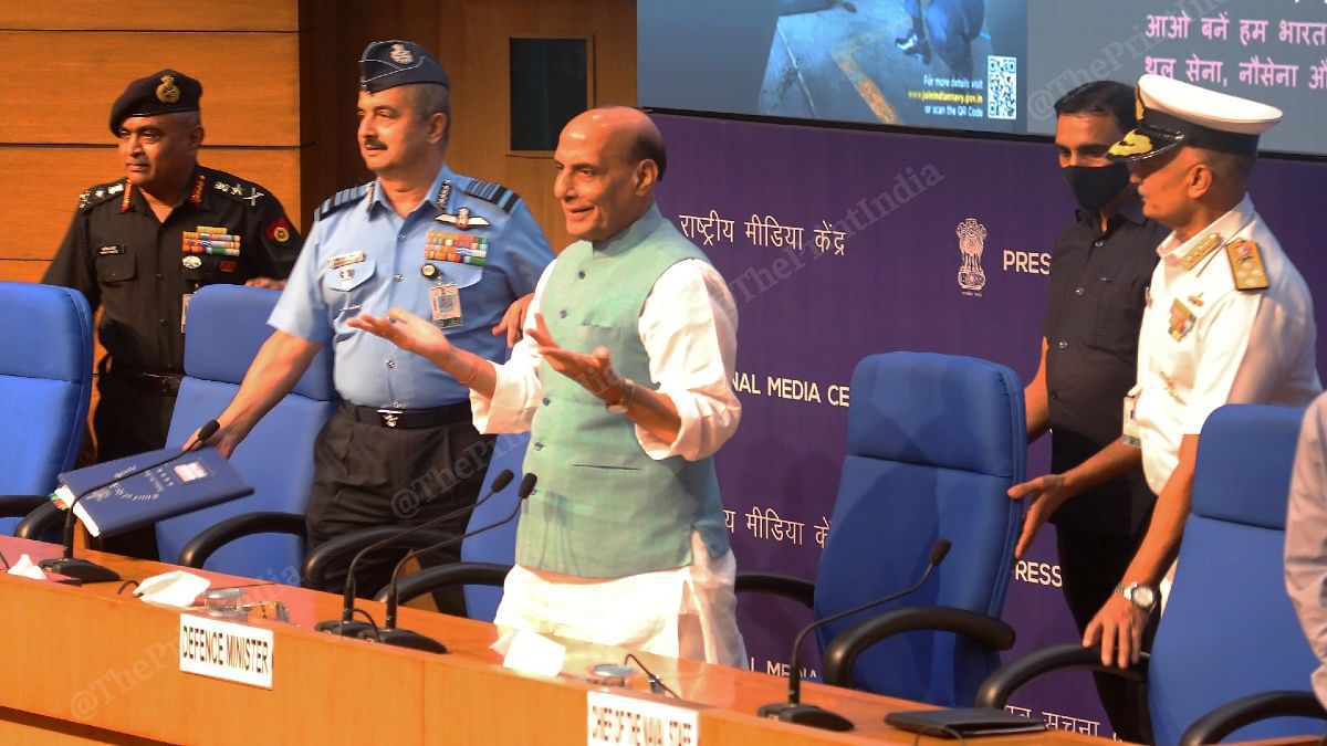 Defence Minister Rajnath Singh with the heads of the forces, General Manoj Pande (Army), Air Chief Marshal VR Chaudhari and Admiral R Hari Kumar (Navy) at the National Media Centre | Praveen Jain | ThePrint
