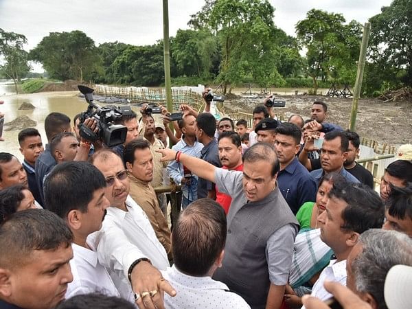 Assam Chief Minister Himanta Biswa Sarma visits Darrang district of Assam to inspect the breached LB embankment, caused due to the surging Saktola river in June | ANI