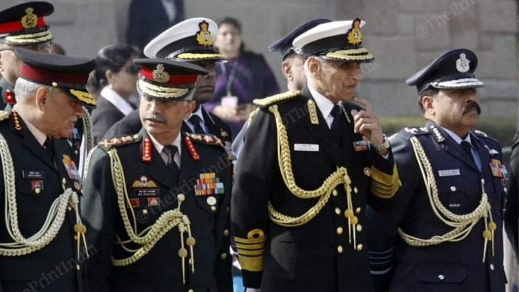 Representative image | From left to right: File photo of former Chief of Defence Staff Bipin Rawat, former Army chief Manoj Mukund Naravane, former Navy chief Karambir Singh and ex-Air Marshal RKS Bhadauria | Photo: Praveen Jain | ThePrint