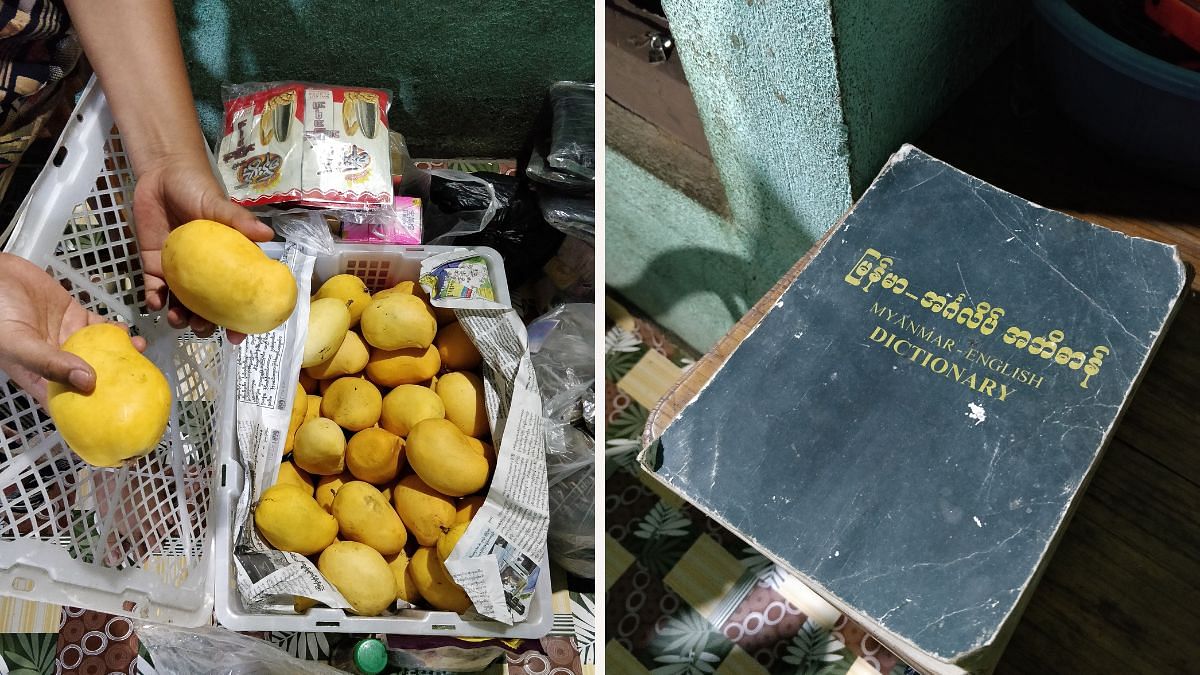 Mangoes from Myanmar and dictionary at a home of a Myanmar refugee in Churachandpur. | Photo Credit: Sonal Matharu