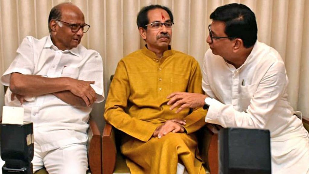 (L-R) Maha Vikas Aghadi leaders Sharad Pawar, Uddhav Thackeray and Balasaheb Thorat | ANI File Photo