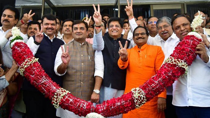 BJP's 3 Rajya Sabha nominees — Union minister Piyush Goyal, former Maharashtra minister Anil Sukhdevrao Bonde, and Dhananjay Mahadik — show victory signs after filing their nomination papers at Vidhan Bhavan in Mumbai Monday | ANI